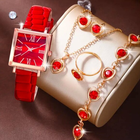 New 5pc Women's Red Watch & Heart Bracelet Set with Earrings, Necklace & Ring - Picture 1 of 5